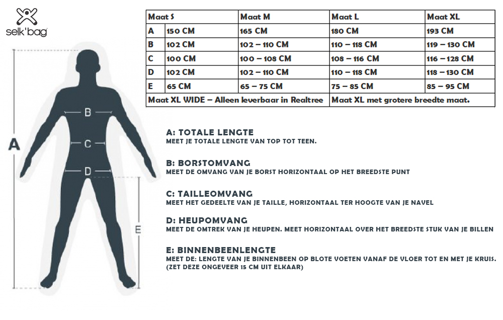 Verzorgen operator vertaling GoSurvival - Selkbag maattabel - GoSurvival Shop | Get Your Gear!